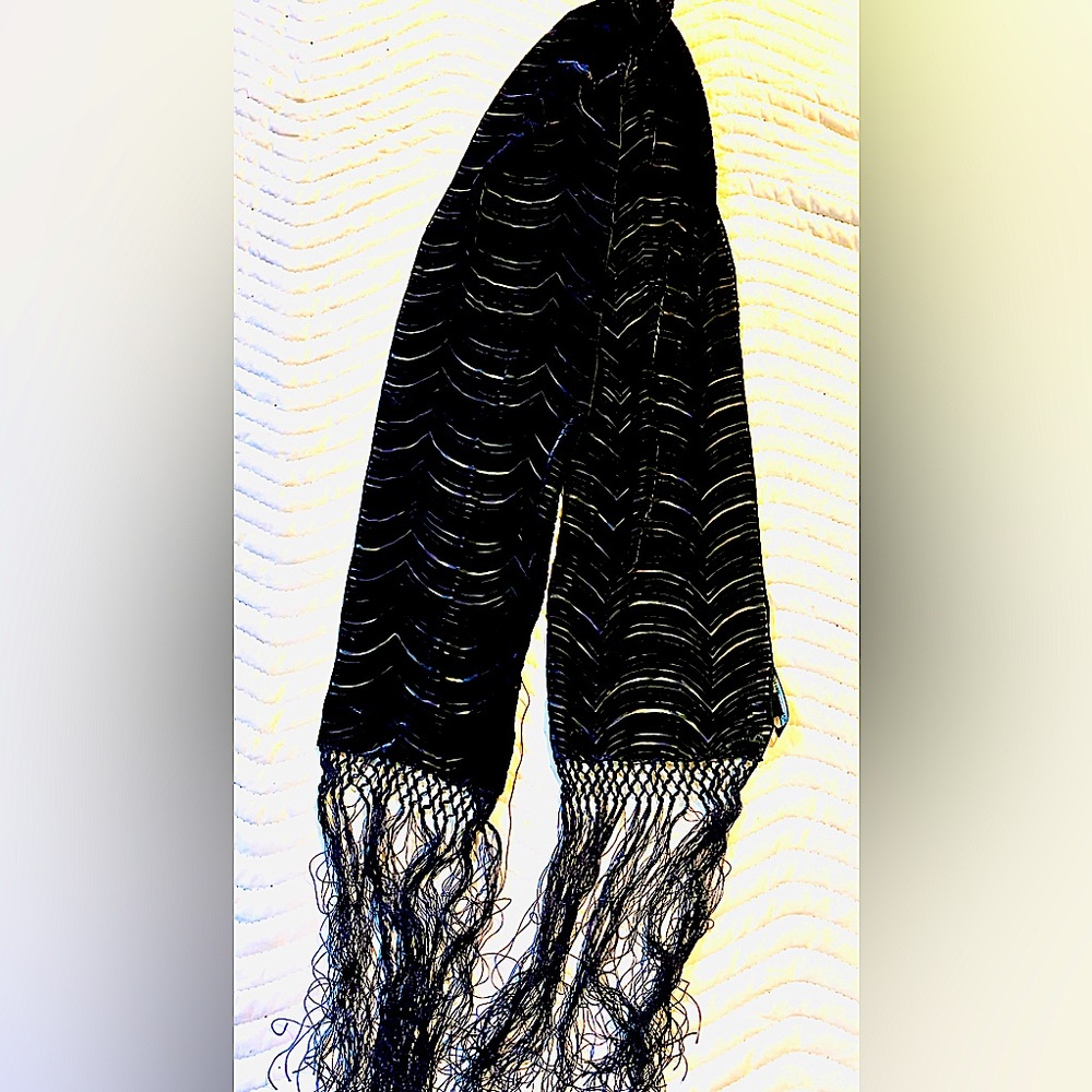 Black voided velvet long 66” neck scarf w/knotted 12” lattice fringe silk/rayon
